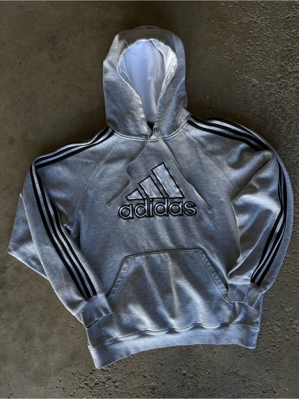 Vintage Adidas Grey Center Logo Embroidered Striped Hoodie Sweatshirt Size Large